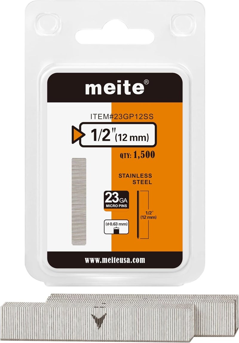 Meite 23 Gauge Pin Nails, 1/2 Inch 304 Stainless Steel Pin Nails - Micro 23GA Headless Nails for Nail Gun for Trim, Craft, and Woodworking (1,500 Counts) - Image 1